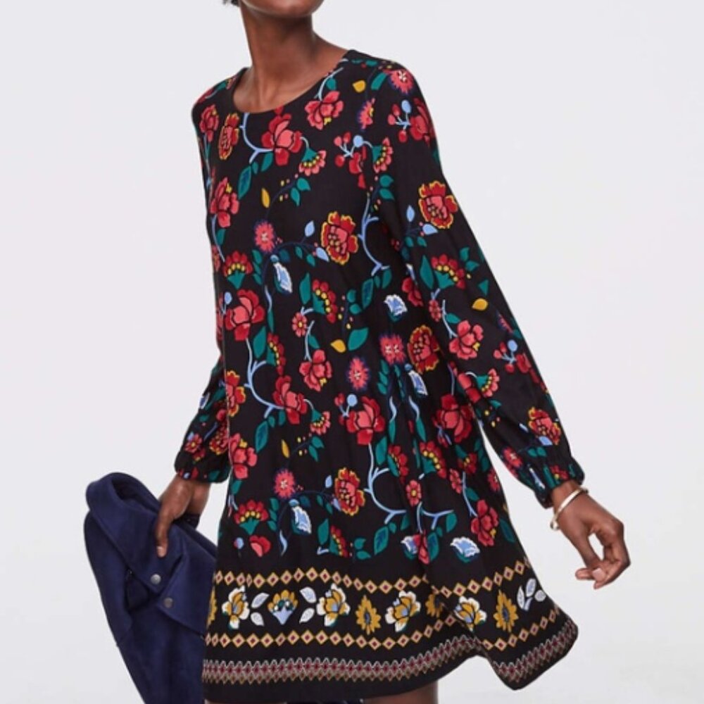 NWT LOFT Swing Dress "Stained Glass" Floral Boho Colorful Long Sleeve Size XS